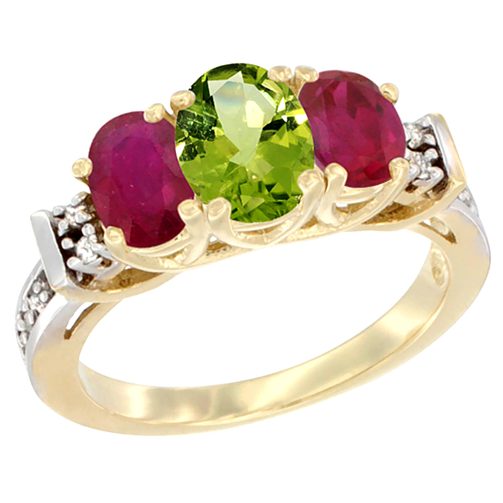 14K Yellow Gold Natural Peridot &amp; Enhanced Ruby Ring 3-Stone Oval Diamond Accent