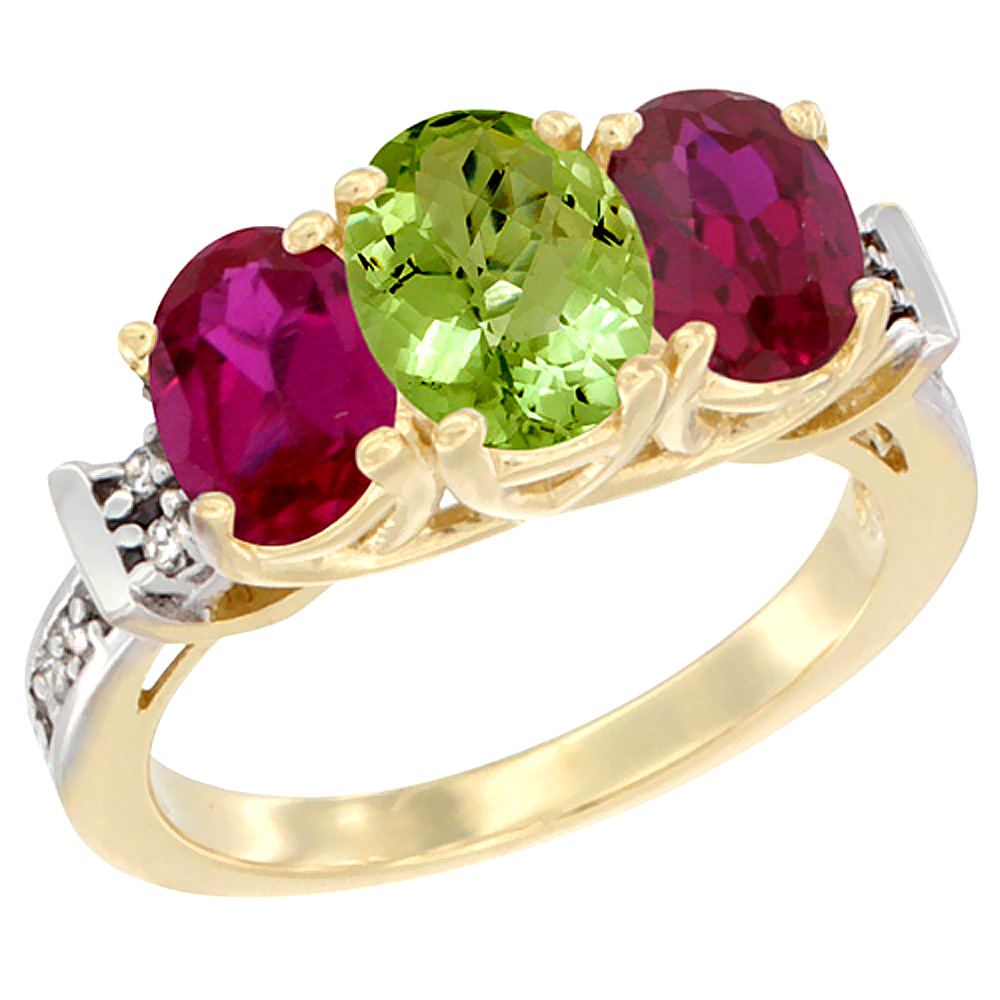 14K Yellow Gold Natural Peridot & Enhanced Ruby Sides Ring 3-Stone Oval Diamond Accent, sizes 5 - 10