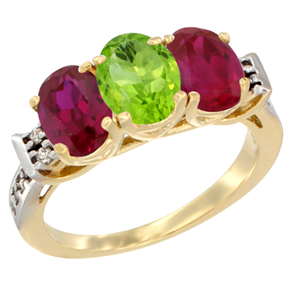 14K Yellow Gold Natural Peridot & Enhanced Ruby Sides Ring 3-Stone Oval 7x5 mm Diamond Accent, sizes 5 - 10