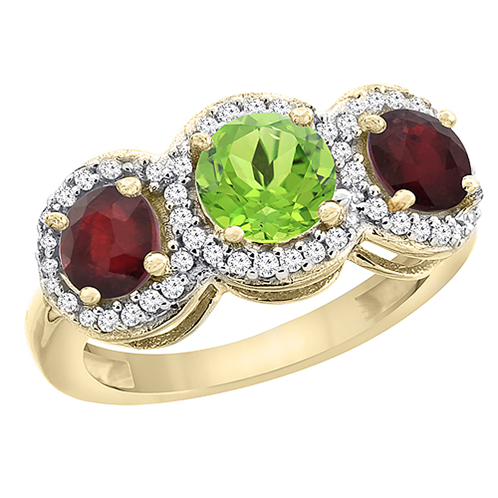 10K Yellow Gold Natural Peridot &amp; Enhanced Ruby Sides Round 3-stone Ring Diamond Accents, sizes 5 - 10