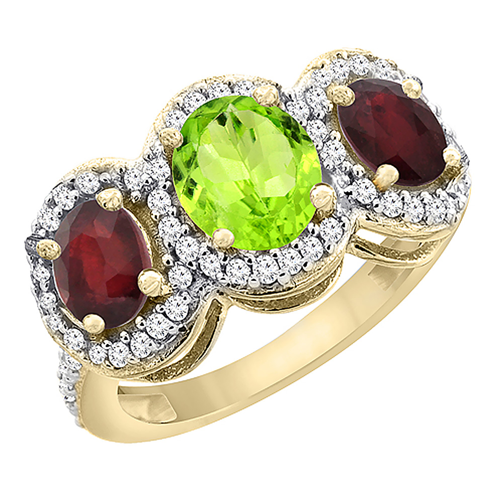 10K Yellow Gold Natural Peridot &amp; Enhanced Ruby 3-Stone Ring Oval Diamond Accent, sizes 5 - 10