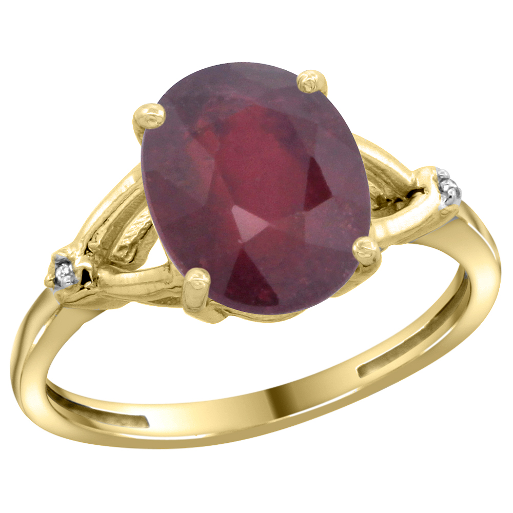 10K YELLOW GOLD SIMPLE LARGE 4 PRONG 10X8MM OVAL ENHANCED RUBY ENGAGEMENT RING FOR WOMEN 3/8 INCH WIDE SIZES 6-10