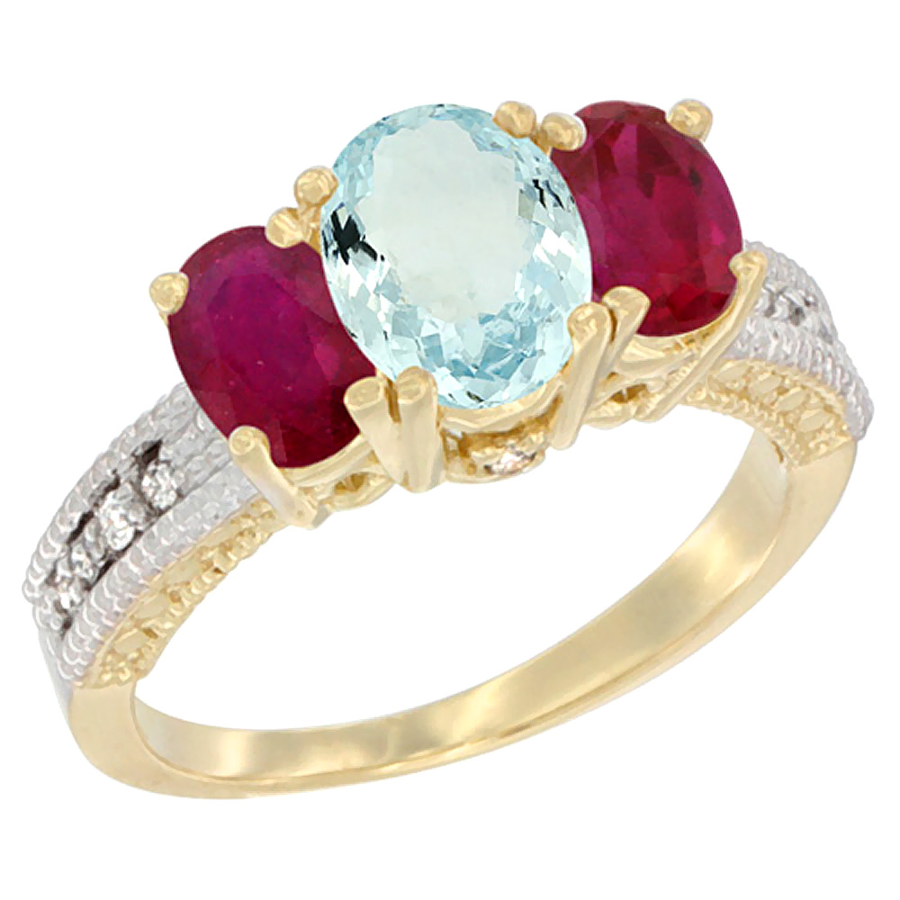 14K Yellow Gold Diamond Natural Aquamarine Ring Oval 3-stone with Enhanced Ruby, sizes 5 - 10