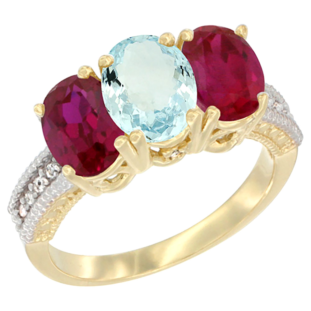 14K Yellow Gold Natural Aquamarine &amp; Enhanced Ruby Sides Ring 3-Stone Oval 7x5 mm Diamond Accent, sizes 5 - 10
