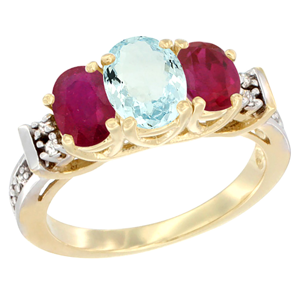 14K Yellow Gold Natural Aquamarine & Enhanced Ruby Ring 3-Stone Oval Diamond Accent