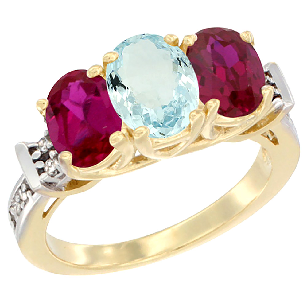 14K Yellow Gold Natural Aquamarine & Enhanced Ruby Sides Ring 3-Stone Oval Diamond Accent, sizes 5 - 10