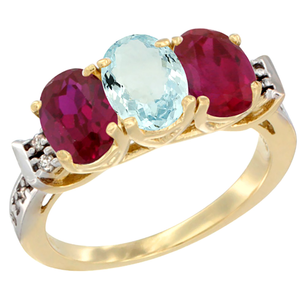 10K Yellow Gold Natural Aquamarine & Enhanced Ruby Sides Ring 3-Stone Oval 7x5 mm Diamond Accent, sizes 5 - 10