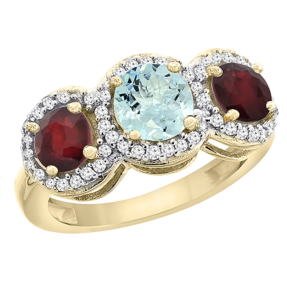 10K Yellow Gold Natural Aquamarine &amp; Enhanced Ruby Sides Round 3-stone Ring Diamond Accents, sizes 5 - 10
