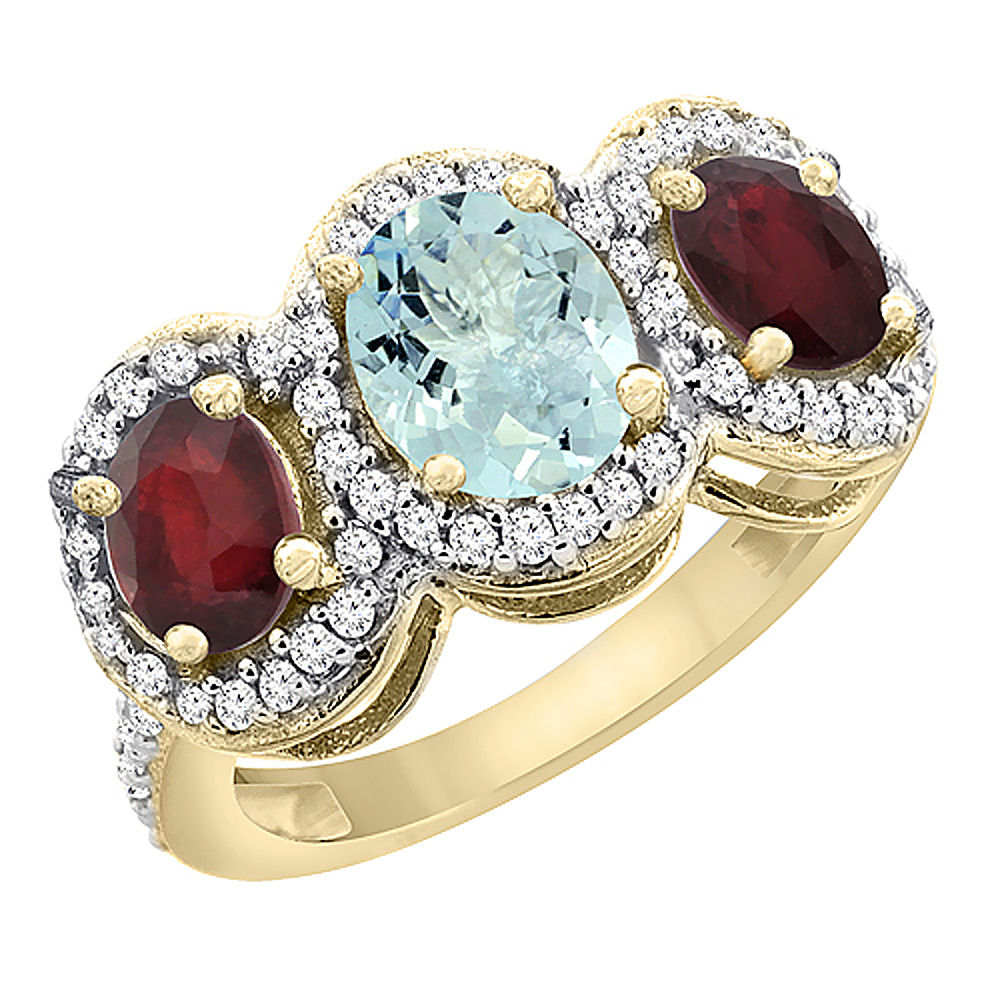 14K Yellow Gold Natural Aquamarine & Enhanced Ruby 3-Stone Ring Oval Diamond Accent, sizes 5 - 10