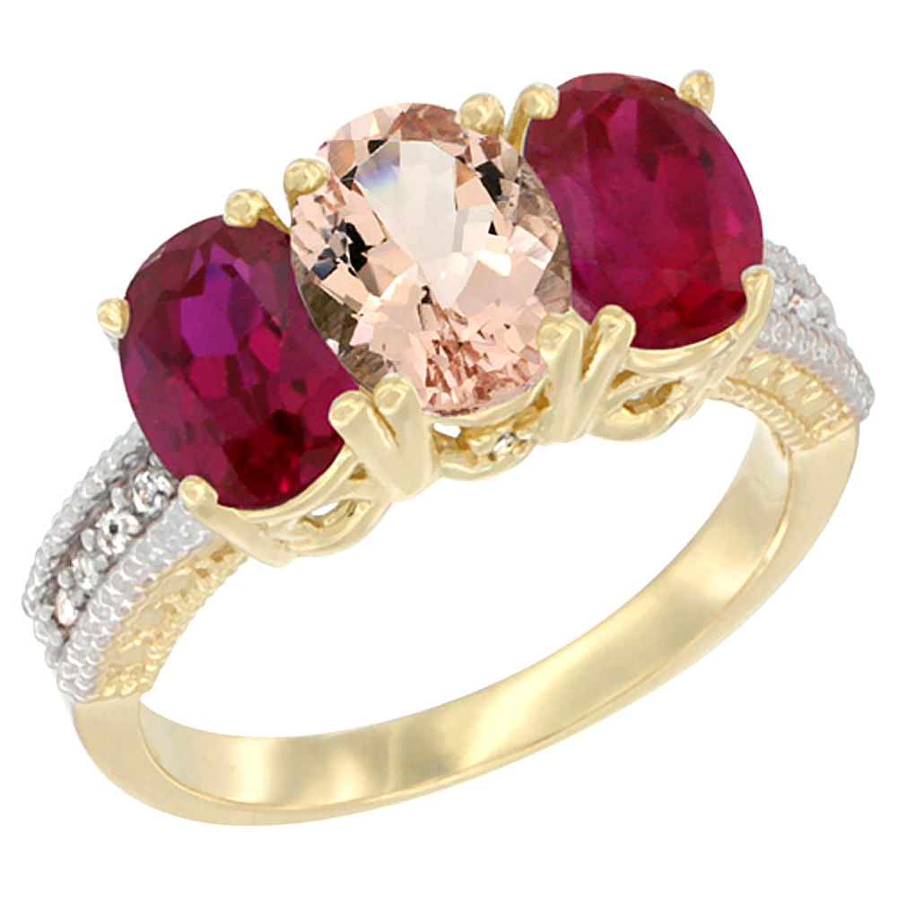 10K Yellow Gold Natural Morganite &amp; Enhanced Ruby Ring 3-Stone Oval 7x5 mm, sizes 5 - 10