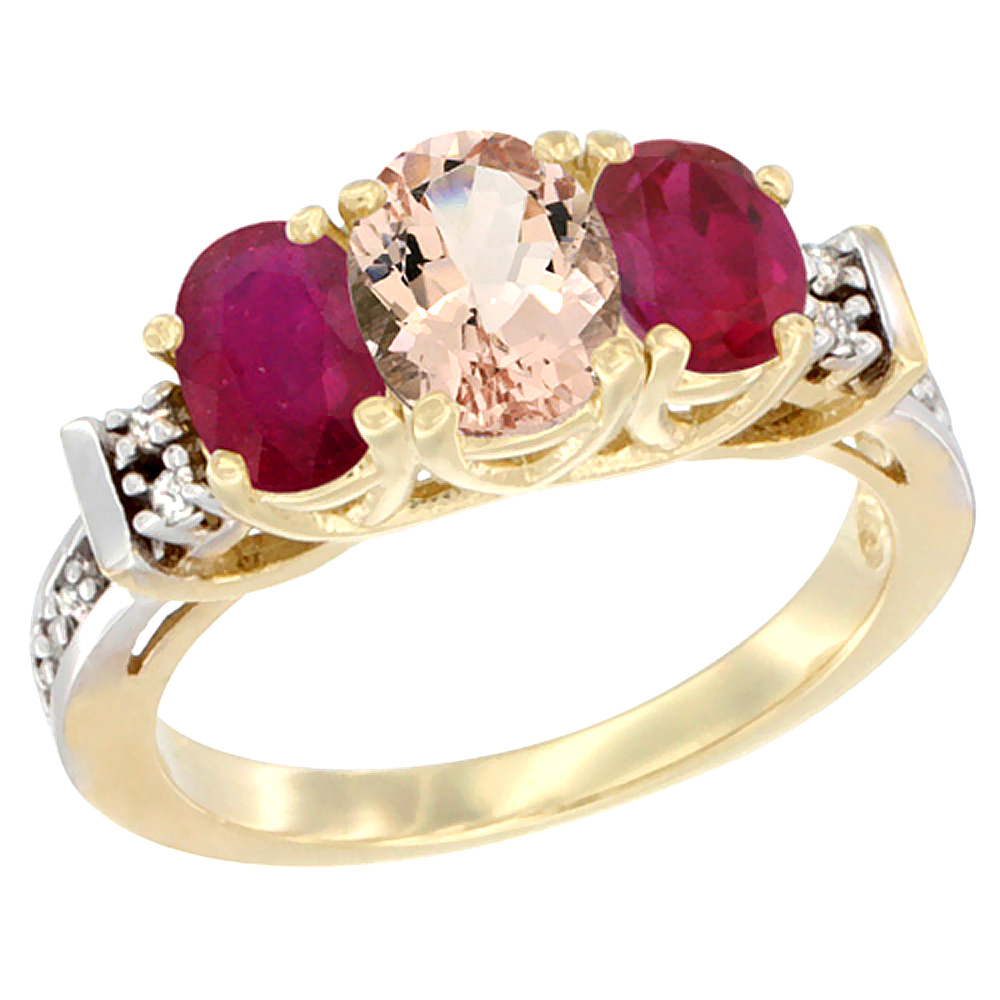 14K Yellow Gold Natural Morganite &amp; Enhanced Ruby Ring 3-Stone Oval Diamond Accent