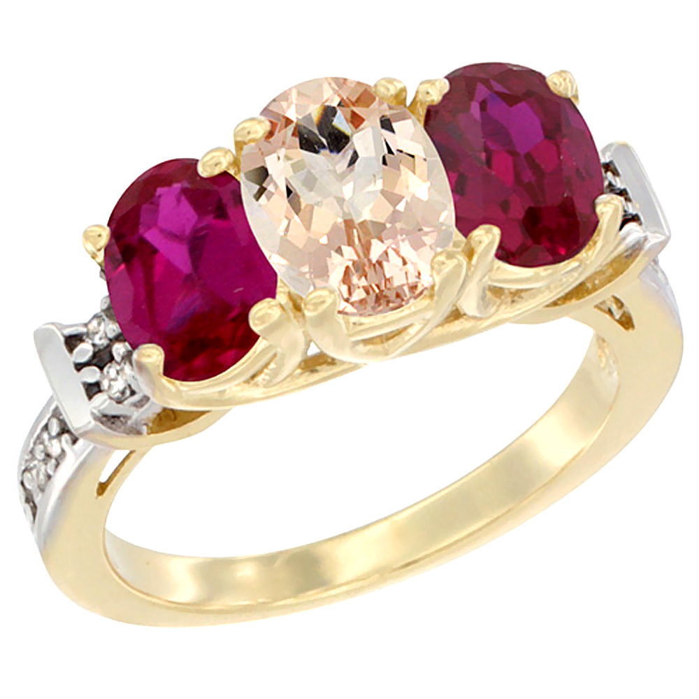 10K Yellow Gold Natural Morganite &amp; Enhanced Ruby Sides Ring 3-Stone Oval Diamond Accent, sizes 5 - 10