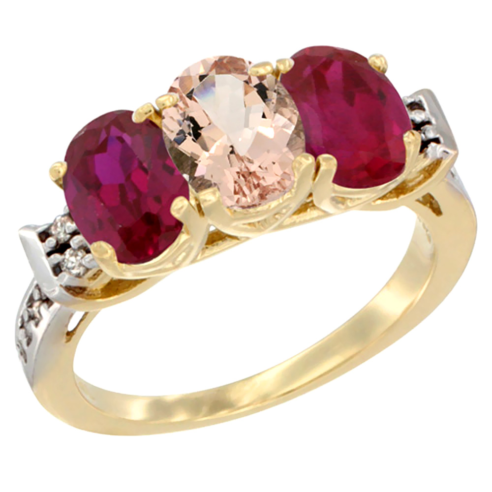 10K Yellow Gold Natural Morganite &amp; Enhanced Ruby Sides Ring 3-Stone Oval 7x5 mm Diamond Accent, sizes 5 - 10