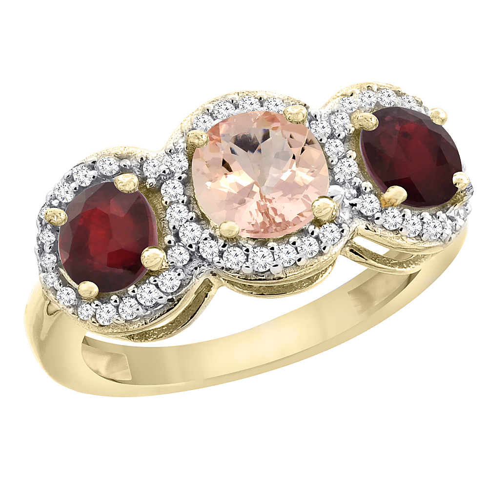 10K Yellow Gold Natural Morganite &amp; Enhanced Ruby Sides Round 3-stone Ring Diamond Accents, sizes 5 - 10