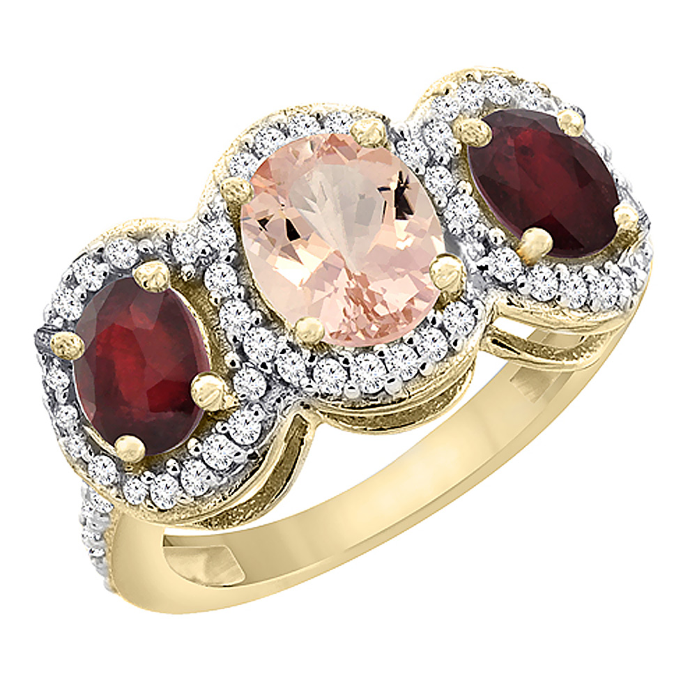 14K Yellow Gold Natural Morganite & Enhanced Ruby 3-Stone Ring Oval Diamond Accent, sizes 5 - 10