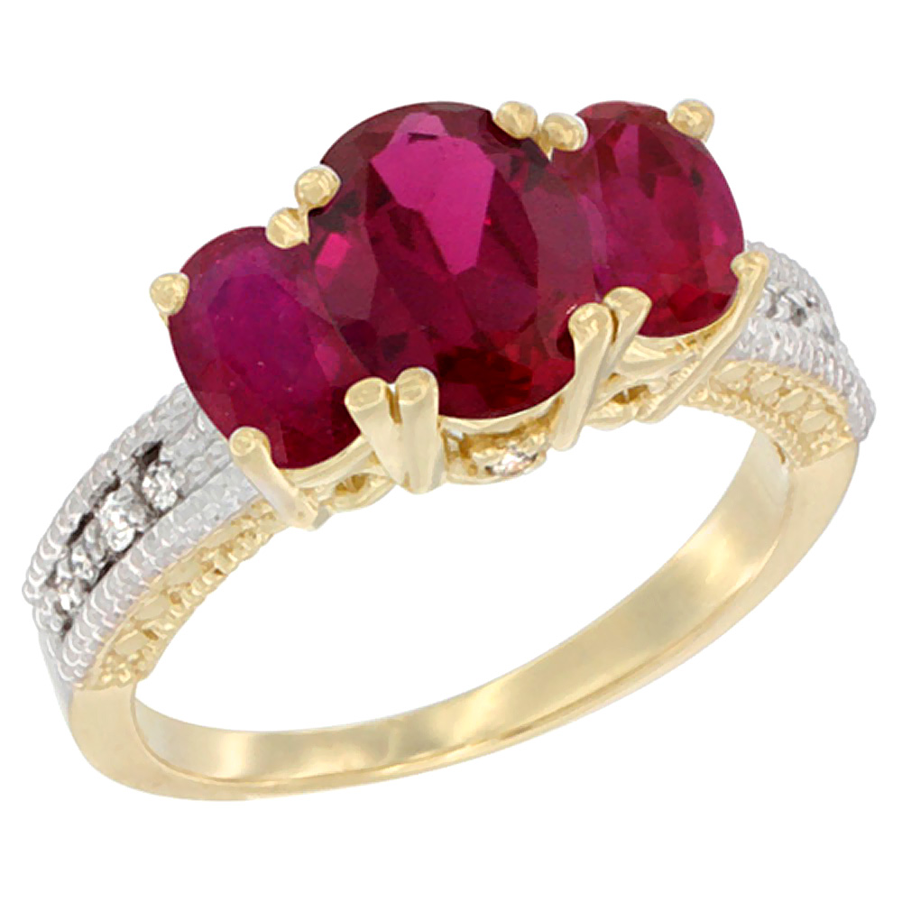 14K Yellow Gold Diamond Enhanced Ruby Oval 3-stone Ring, sizes 5 - 10