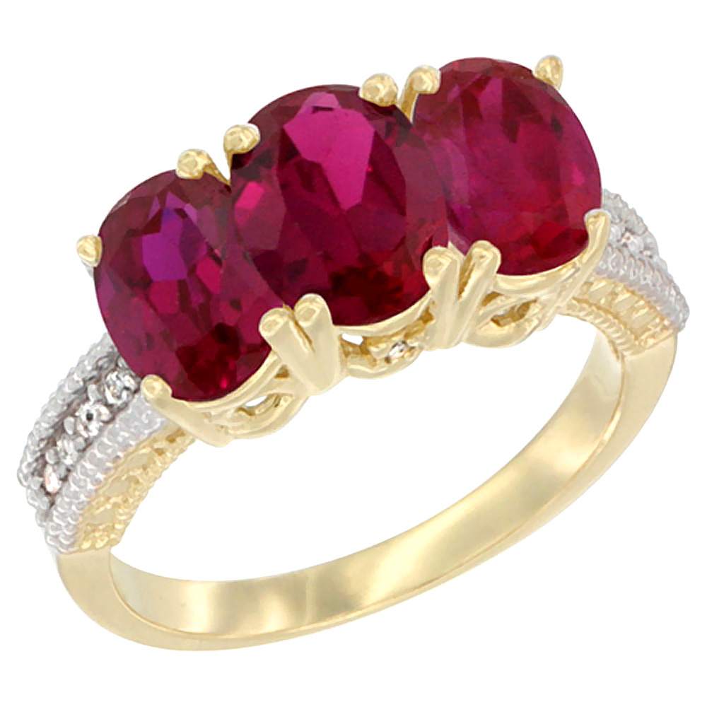 14K Yellow Gold Natural Enhanced Ruby Ring 3-Stone Oval 7x5 mm Diamond Accent, sizes 5 - 10