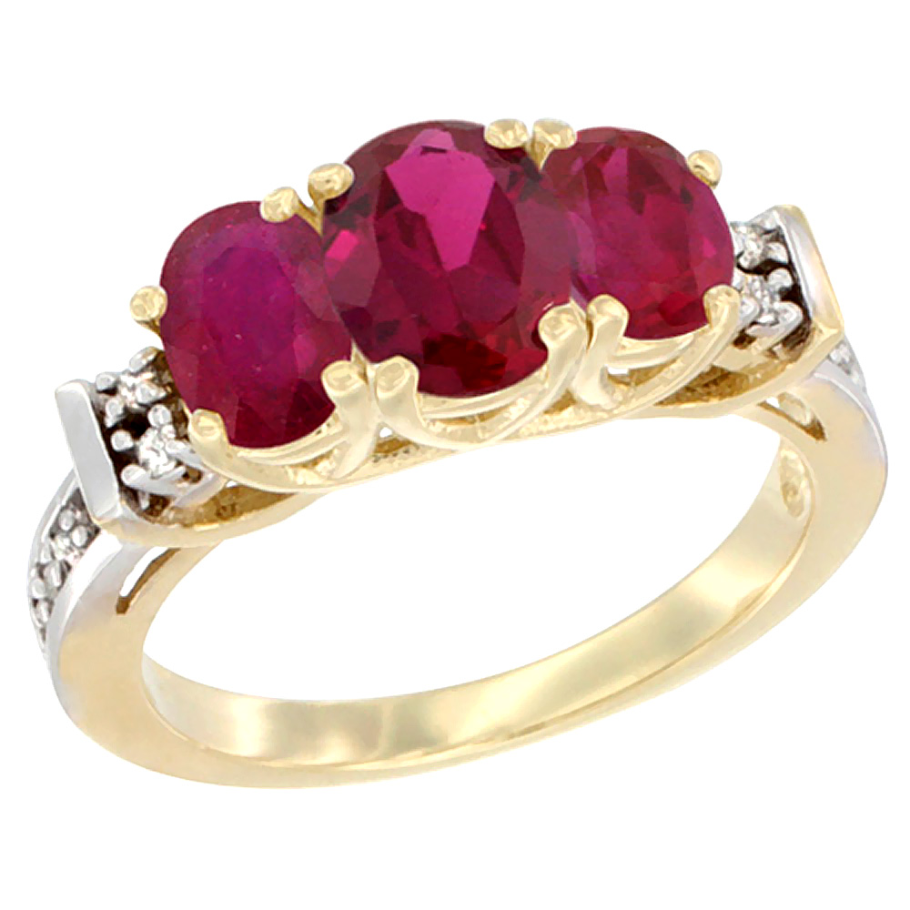 10K Yellow Gold Natural High Quality Ruby Ring 3-Stone Oval Diamond Accent