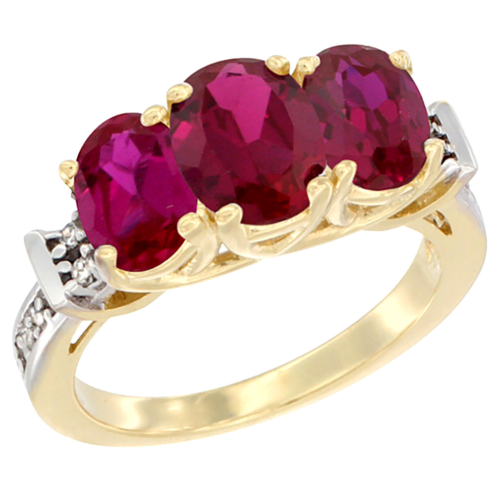 10K Yellow Gold Enhanced Ruby Ring 3-Stone Oval Diamond Accent, sizes 5 - 10