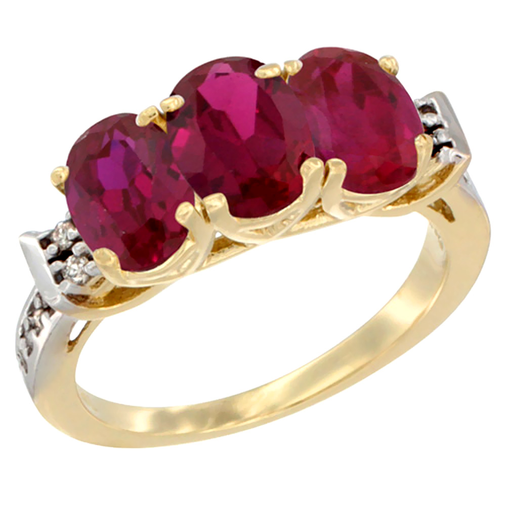 14K Yellow Gold Enhanced Ruby Ring 3-Stone Oval 7x5 mm Diamond Accent, sizes 5 - 10