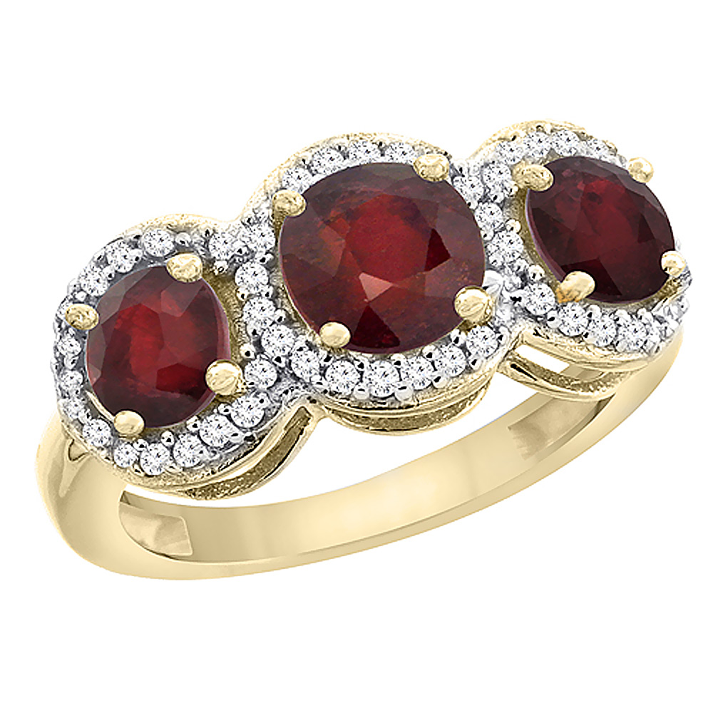 10K Yellow Gold Enhanced Ruby Round 3-stone Ring Diamond Accents, sizes 5 - 10
