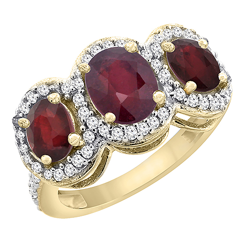14K Yellow Gold Natural Quality Ruby &amp; Enhanced Ruby 3-stone Mothers Ring Oval Diamond Accent, size5 - 10
