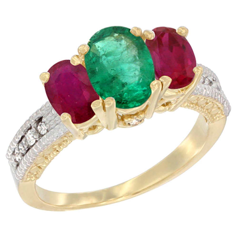 10K Yellow Gold Diamond Natural Emerald Ring Oval 3-stone with Enhanced Ruby, sizes 5 - 10