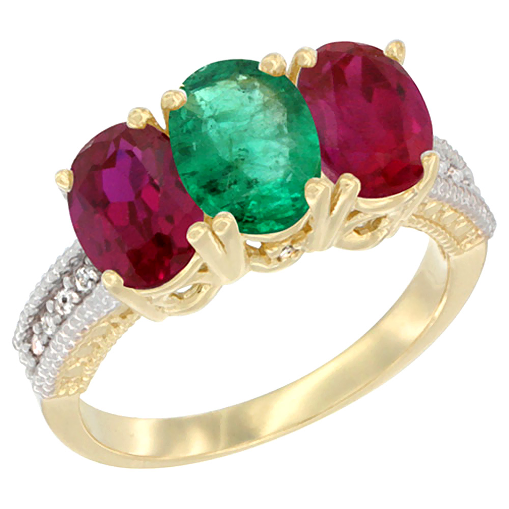 14K Yellow Gold Natural Emerald &amp; Enhanced Ruby Sides Ring 3-Stone Oval 7x5 mm Diamond Accent, sizes 5 - 10