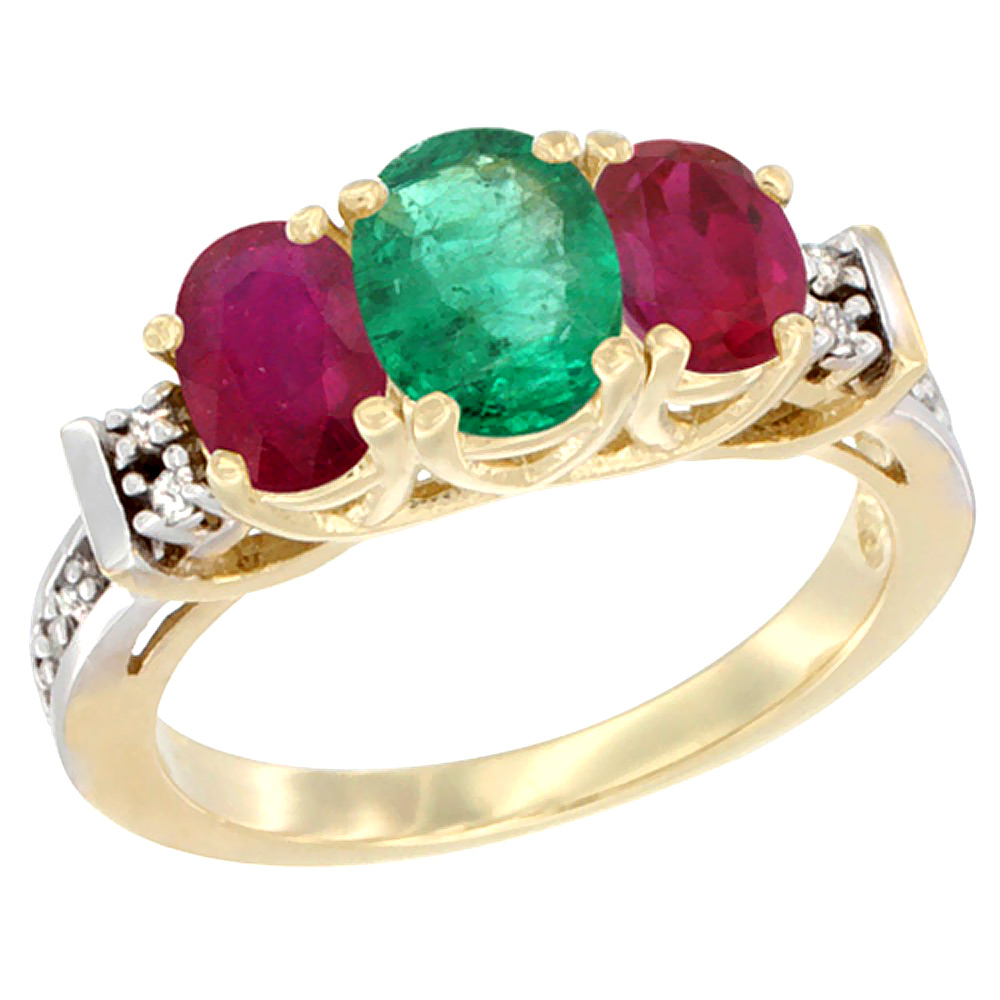 14K Yellow Gold Natural Emerald &amp; Enhanced Ruby Ring 3-Stone Oval Diamond Accent