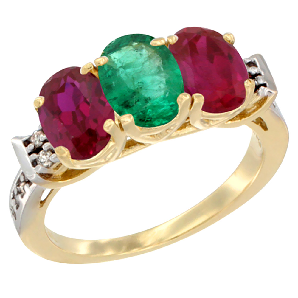 10K Yellow Gold Natural Emerald & Enhanced Ruby Sides Ring 3-Stone Oval 7x5 mm Diamond Accent, sizes 5 - 10