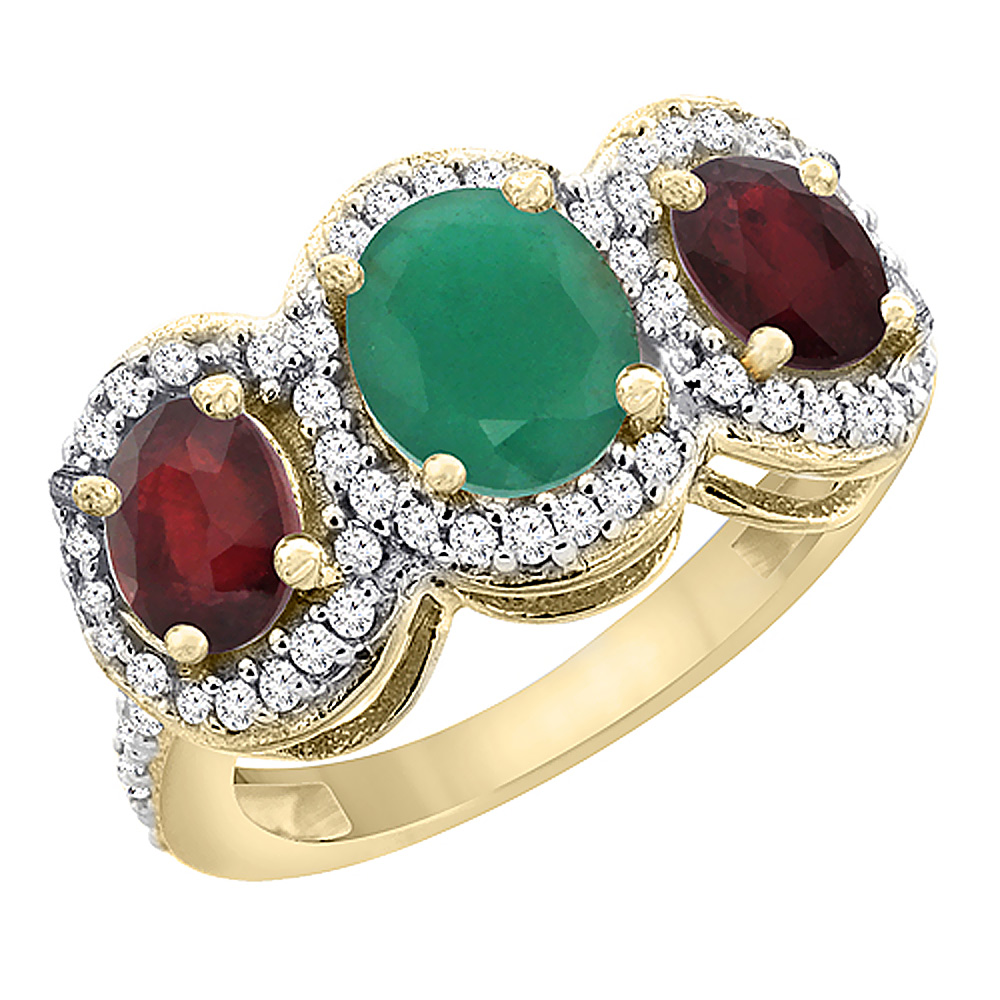 14K Yellow Gold Natural Cabochon Emerald &amp; Enhanced Ruby 3-Stone Ring Oval Diamond Accent, sizes 5 - 10