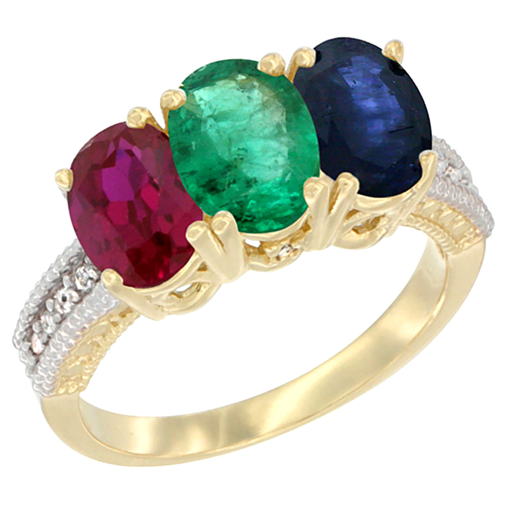 10K Yellow Gold Enhanced Ruby, Natural Emerald & Blue Sapphire Ring 3-Stone Oval 7x5 mm, sizes 5 - 10