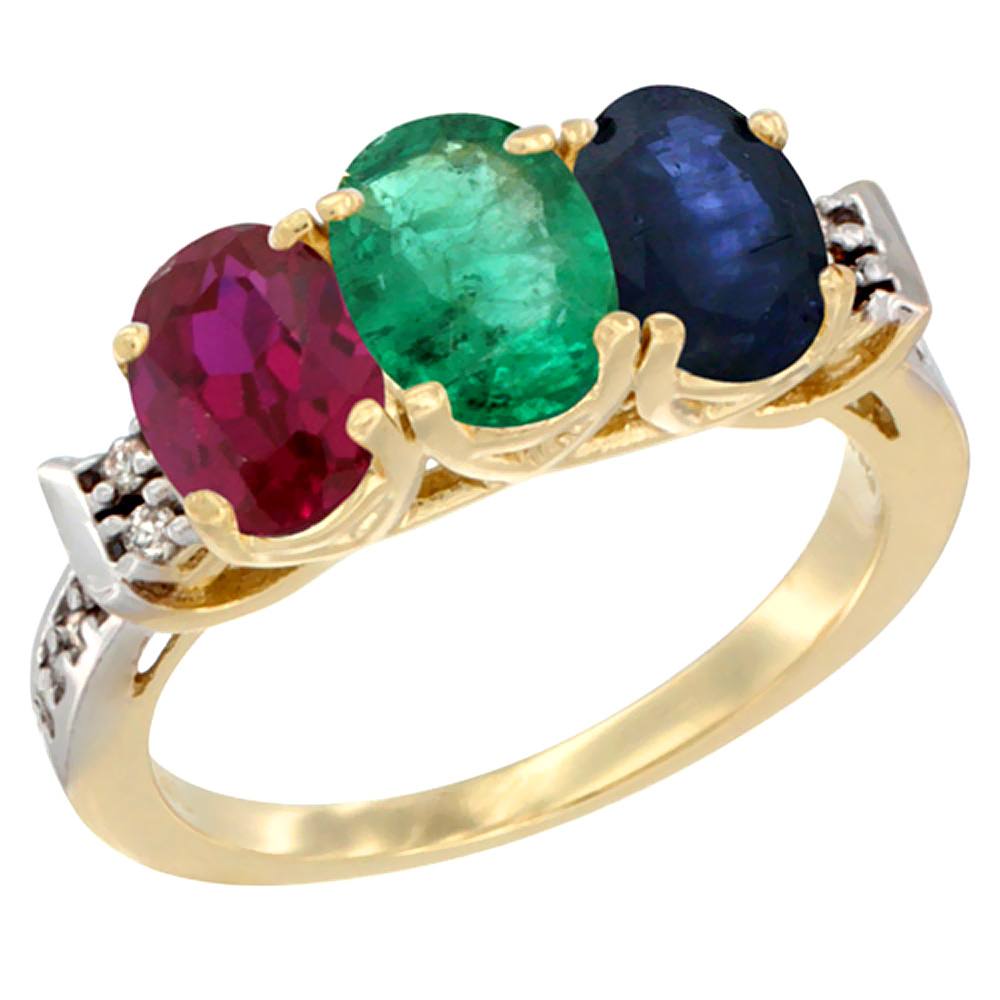 10K Yellow Gold Enhanced Ruby, Natural Emerald & Blue Sapphire Ring 3-Stone Oval 7x5 mm Diamond Accent, sizes 5 - 10