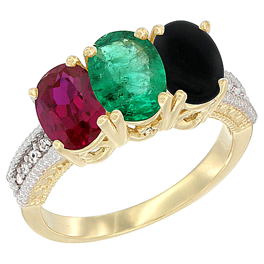 10K Yellow Gold Enhanced Ruby, Natural Emerald &amp; Black Onyx Ring 3-Stone Oval 7x5 mm, sizes 5 - 10