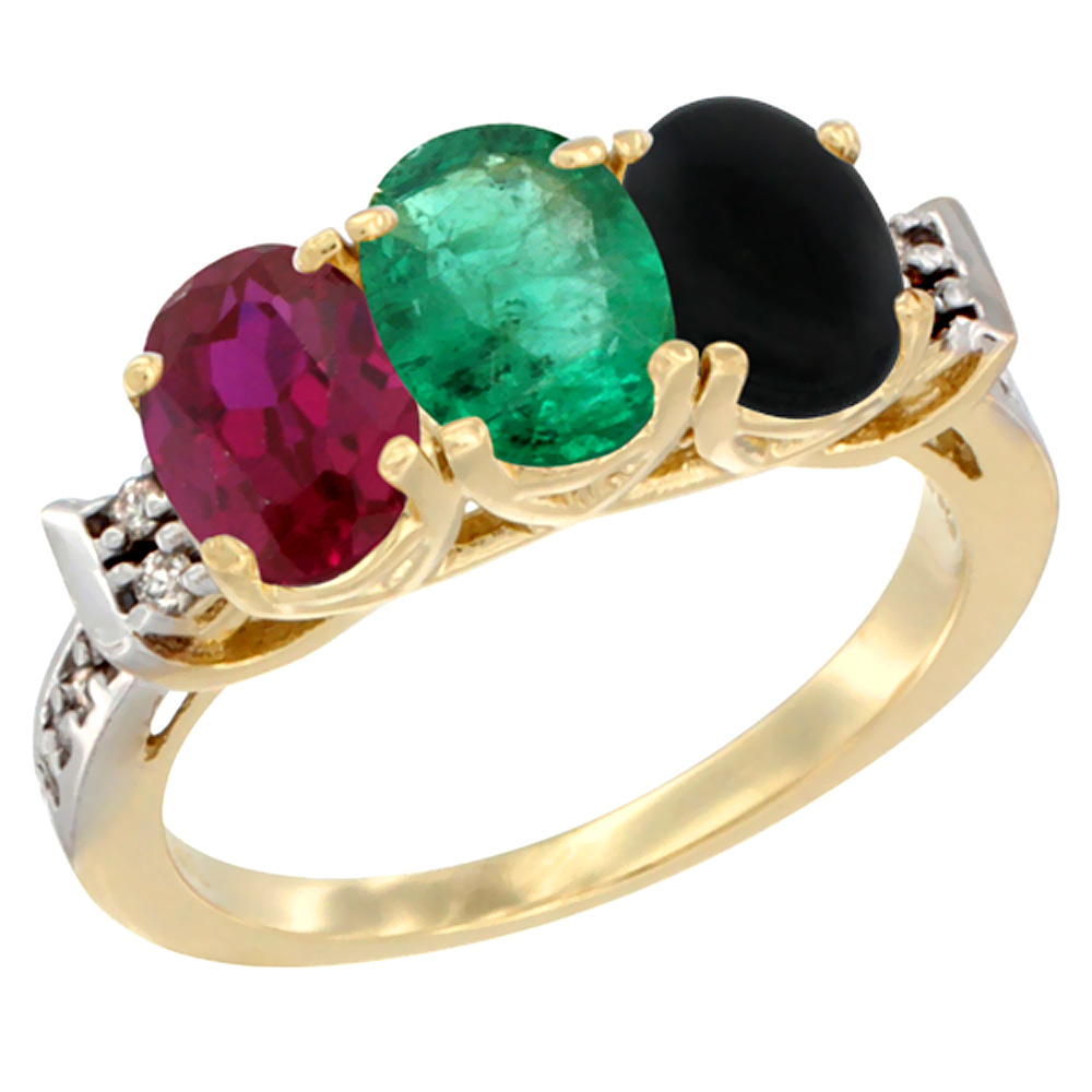 10K Yellow Gold Enhanced Ruby, Natural Emerald &amp; Black Onyx Ring 3-Stone Oval 7x5 mm Diamond Accent, sizes 5 - 10
