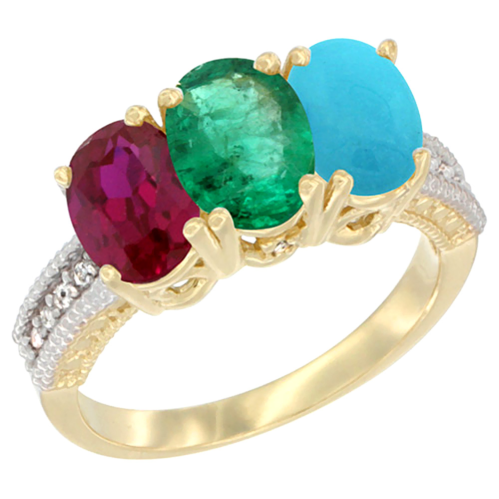 10K Yellow Gold Enhanced Ruby, Natural Emerald &amp; Turquoise Ring 3-Stone Oval 7x5 mm, sizes 5 - 10