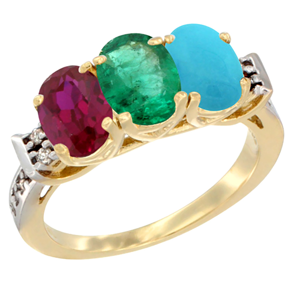 10K Yellow Gold Enhanced Ruby, Natural Emerald & Turquoise Ring 3-Stone Oval 7x5 mm Diamond Accent, sizes 5 - 10