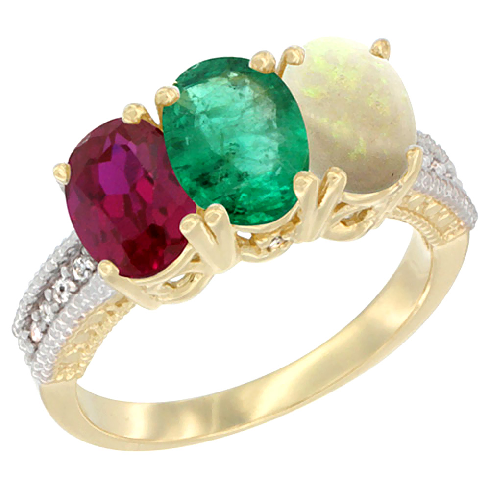 14K Yellow Gold Enhanced Enhanced Ruby, Natural Emerald &amp; Opal Ring 3-Stone Oval 7x5 mm Diamond Accent, sizes 5 - 10