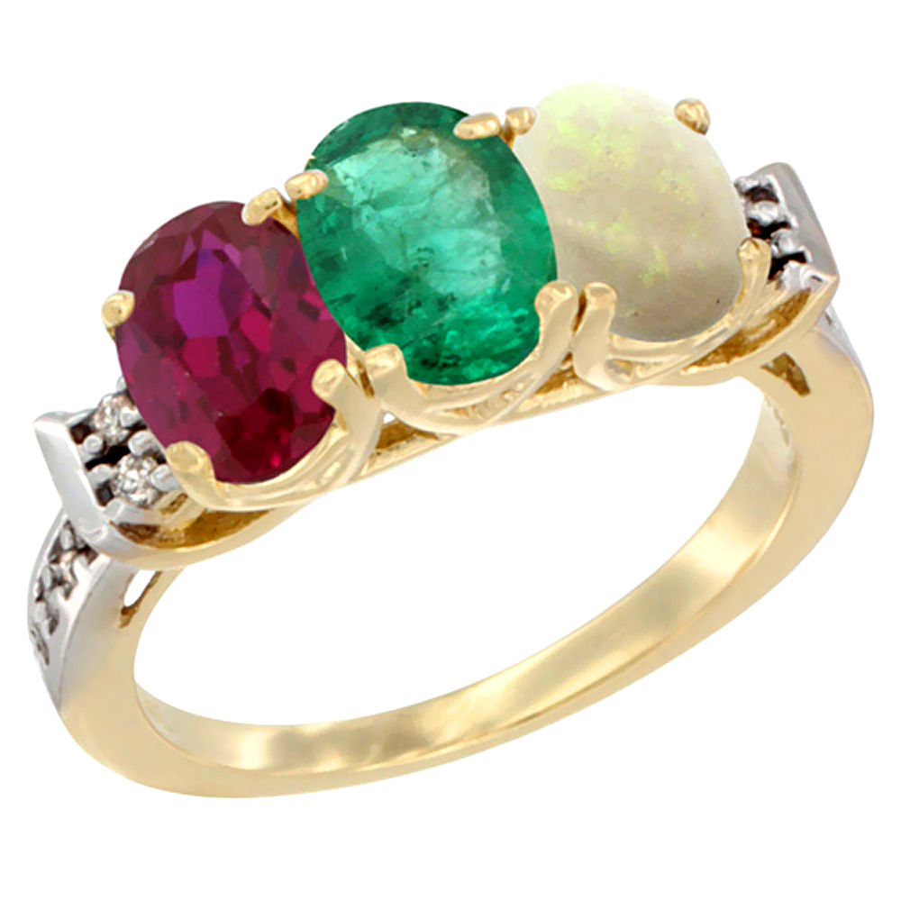 10K Yellow Gold Enhanced Ruby, Natural Emerald & Opal Ring 3-Stone Oval 7x5 mm Diamond Accent, sizes 5 - 10