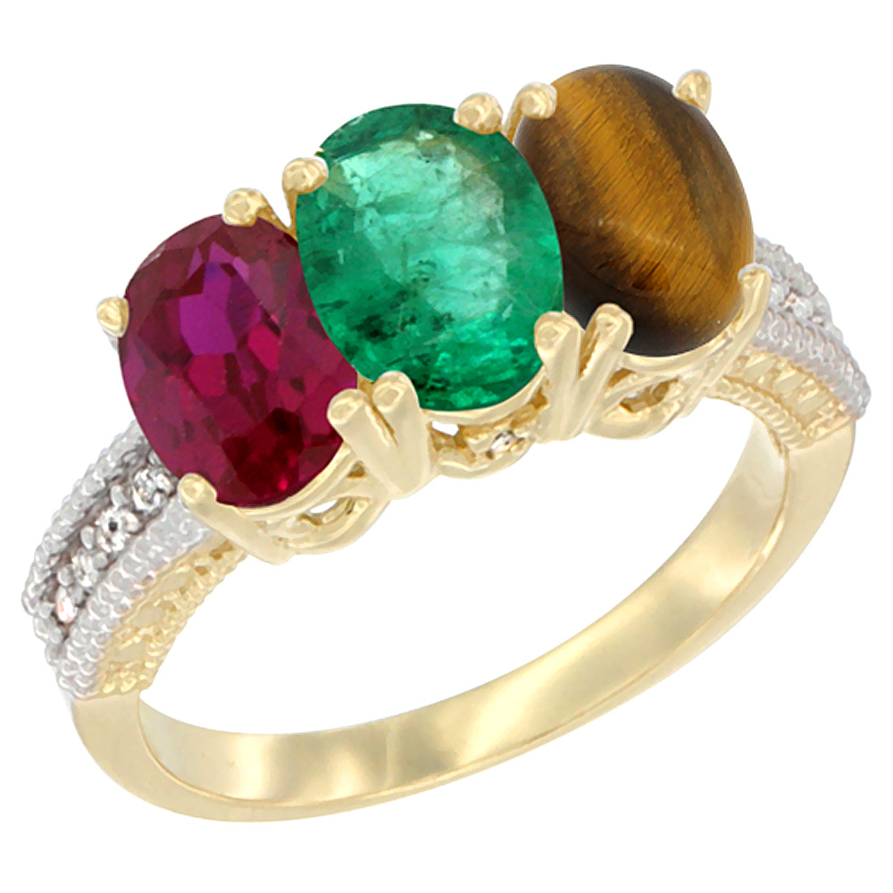 10K Yellow Gold Enhanced Ruby, Natural Emerald & Tiger Eye Ring 3-Stone Oval 7x5 mm, sizes 5 - 10