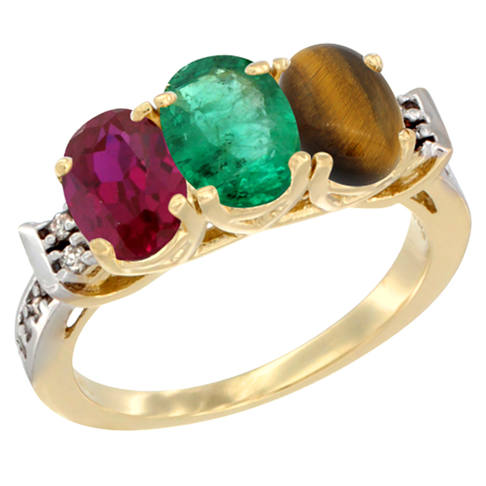 14K Yellow Gold Enhanced Ruby, Natural Emerald & Tiger Eye Ring 3-Stone Oval 7x5 mm Diamond Accent, sizes 5 - 10