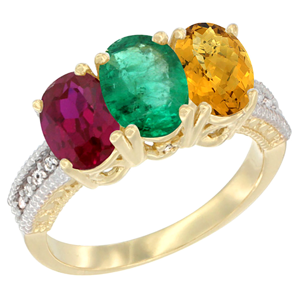 10K Yellow Gold Enhanced Ruby, Natural Emerald &amp; Whisky Quartz Ring 3-Stone Oval 7x5 mm, sizes 5 - 10