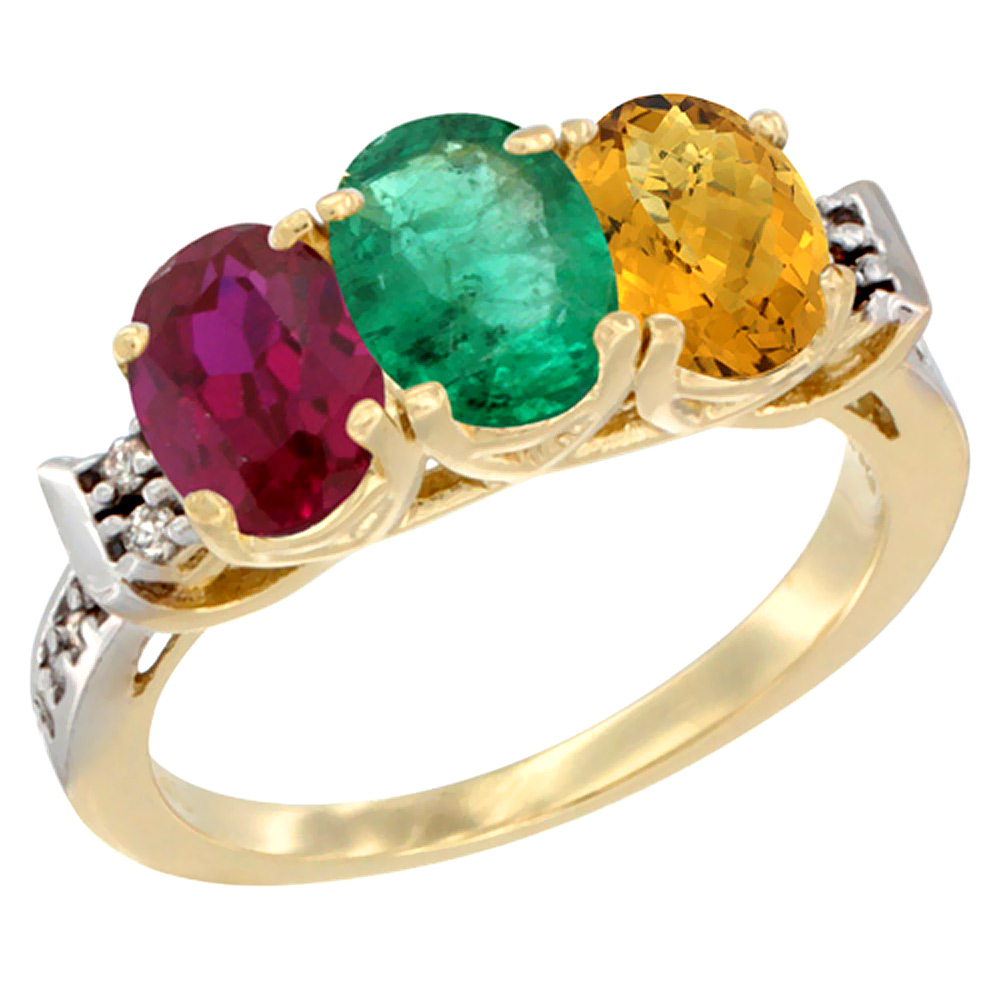 14K Yellow Gold Enhanced Ruby, Natural Emerald &amp; Whisky Quartz Ring 3-Stone Oval 7x5 mm Diamond Accent, sizes 5 - 10