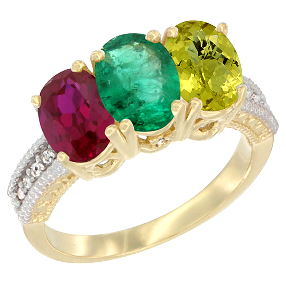 14K Yellow Gold Enhanced Enhanced Ruby, Natural Emerald &amp; Lemon Quartz Ring 3-Stone Oval 7x5 mm Diamond Accent, sizes 5 - 10
