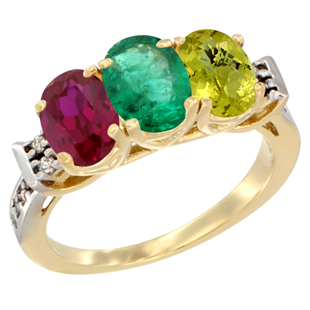10K Yellow Gold Enhanced Ruby, Natural Emerald &amp; Lemon Quartz Ring 3-Stone Oval 7x5 mm Diamond Accent, sizes 5 - 10