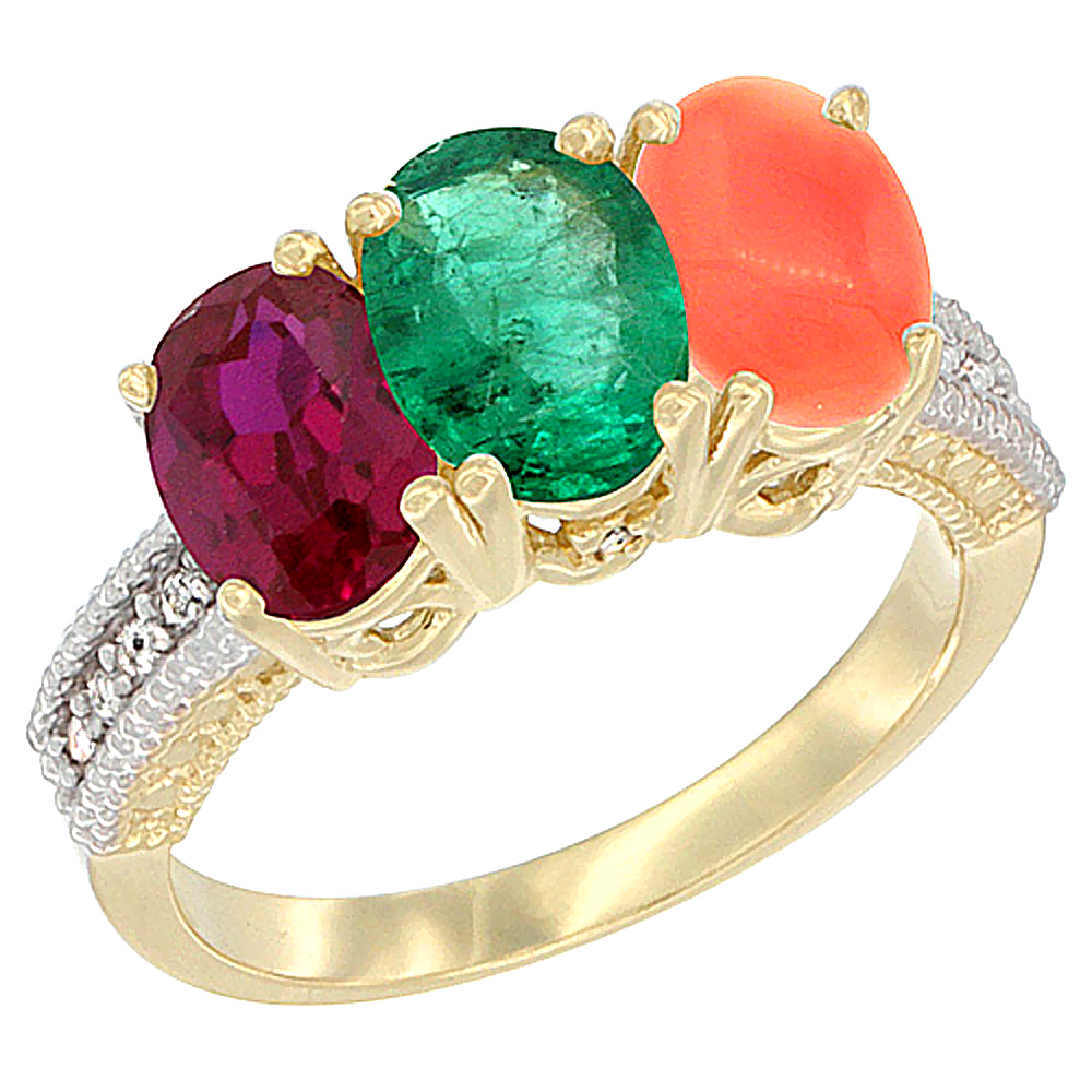 14K Yellow Gold Enhanced Enhanced Ruby, Natural Emerald &amp; Coral Ring 3-Stone Oval 7x5 mm Diamond Accent, sizes 5 - 10