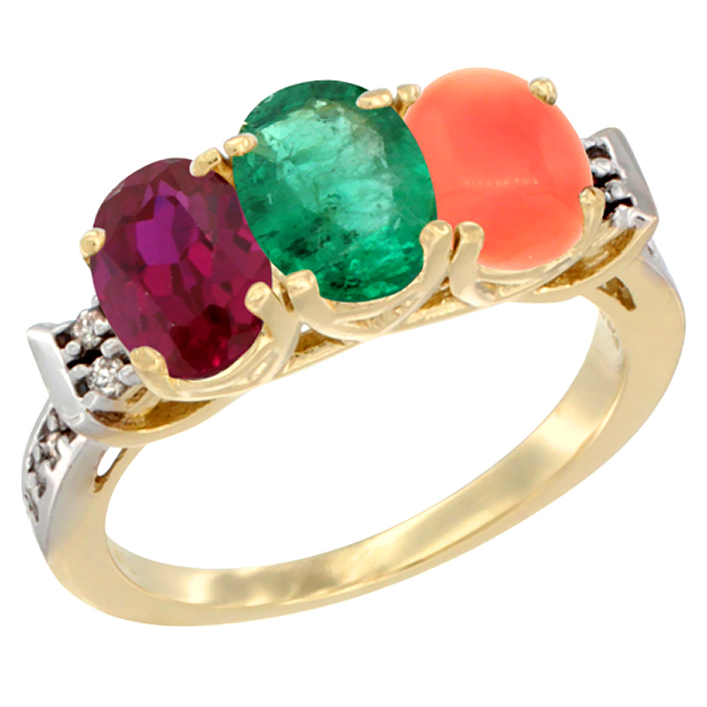 10K Yellow Gold Enhanced Ruby, Natural Emerald &amp; Coral Ring 3-Stone Oval 7x5 mm Diamond Accent, sizes 5 - 10
