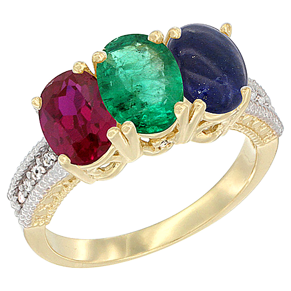 14K Yellow Gold Enhanced Enhanced Ruby, Natural Emerald &amp; Lapis Ring 3-Stone Oval 7x5 mm Diamond Accent, sizes 5 - 10