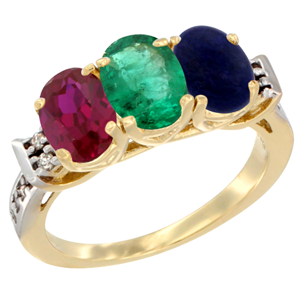 10K Yellow Gold Enhanced Ruby, Natural Emerald & Lapis Ring 3-Stone Oval 7x5 mm Diamond Accent, sizes 5 - 10