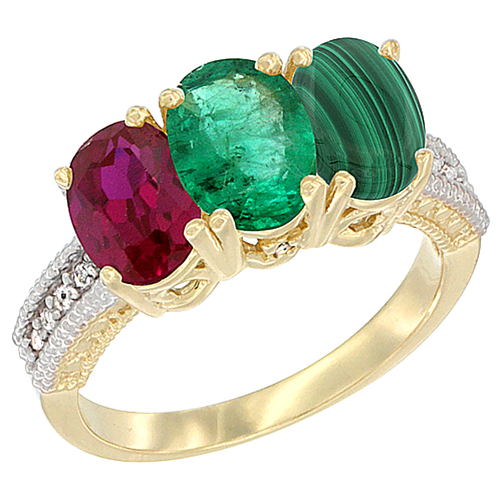 10K Yellow Gold Enhanced Ruby, Natural Emerald & Malachite Ring 3-Stone Oval 7x5 mm, sizes 5 - 10